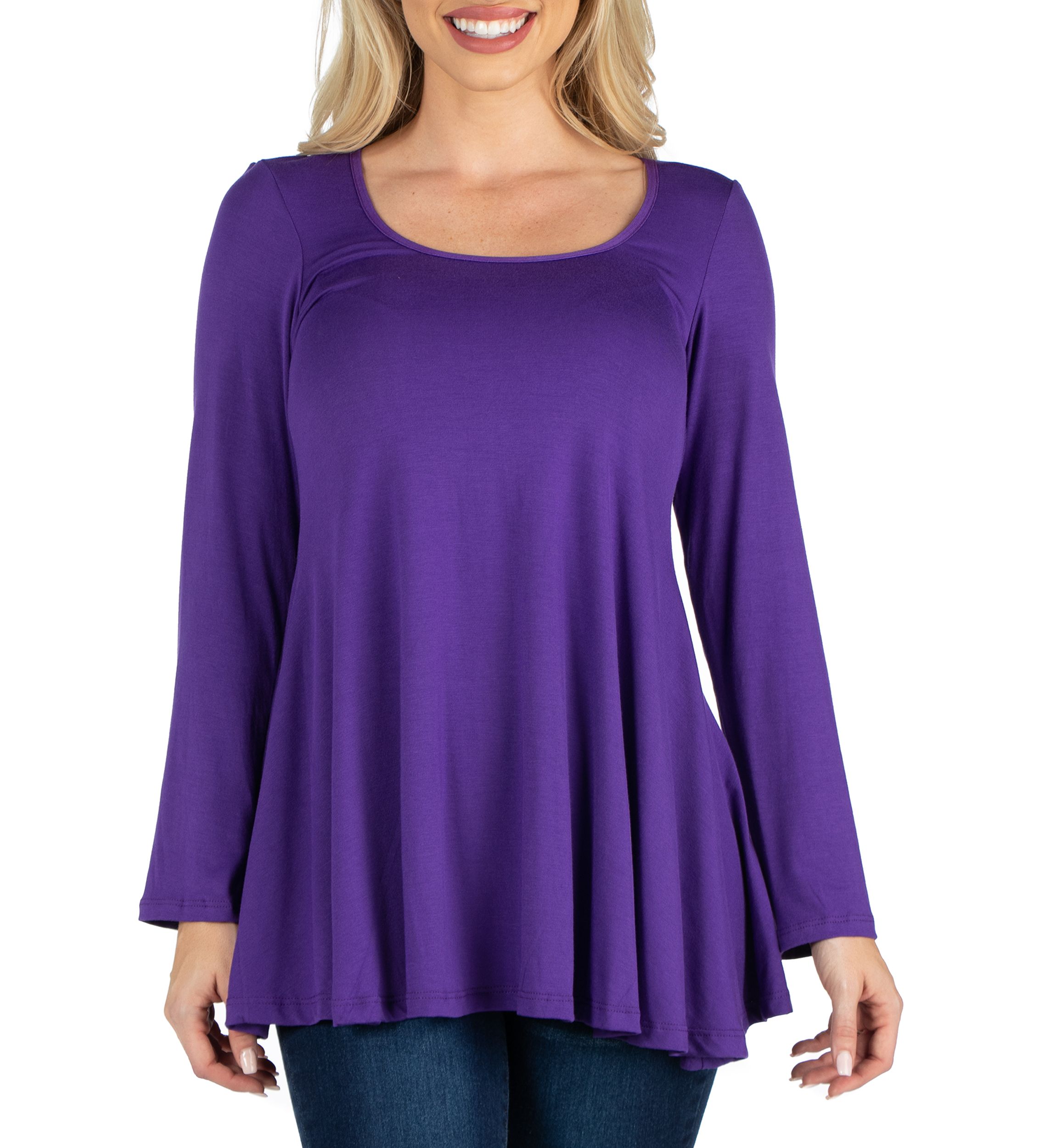 Womens Long Sleeve Solid Color Swing Style Flared Tunic Top