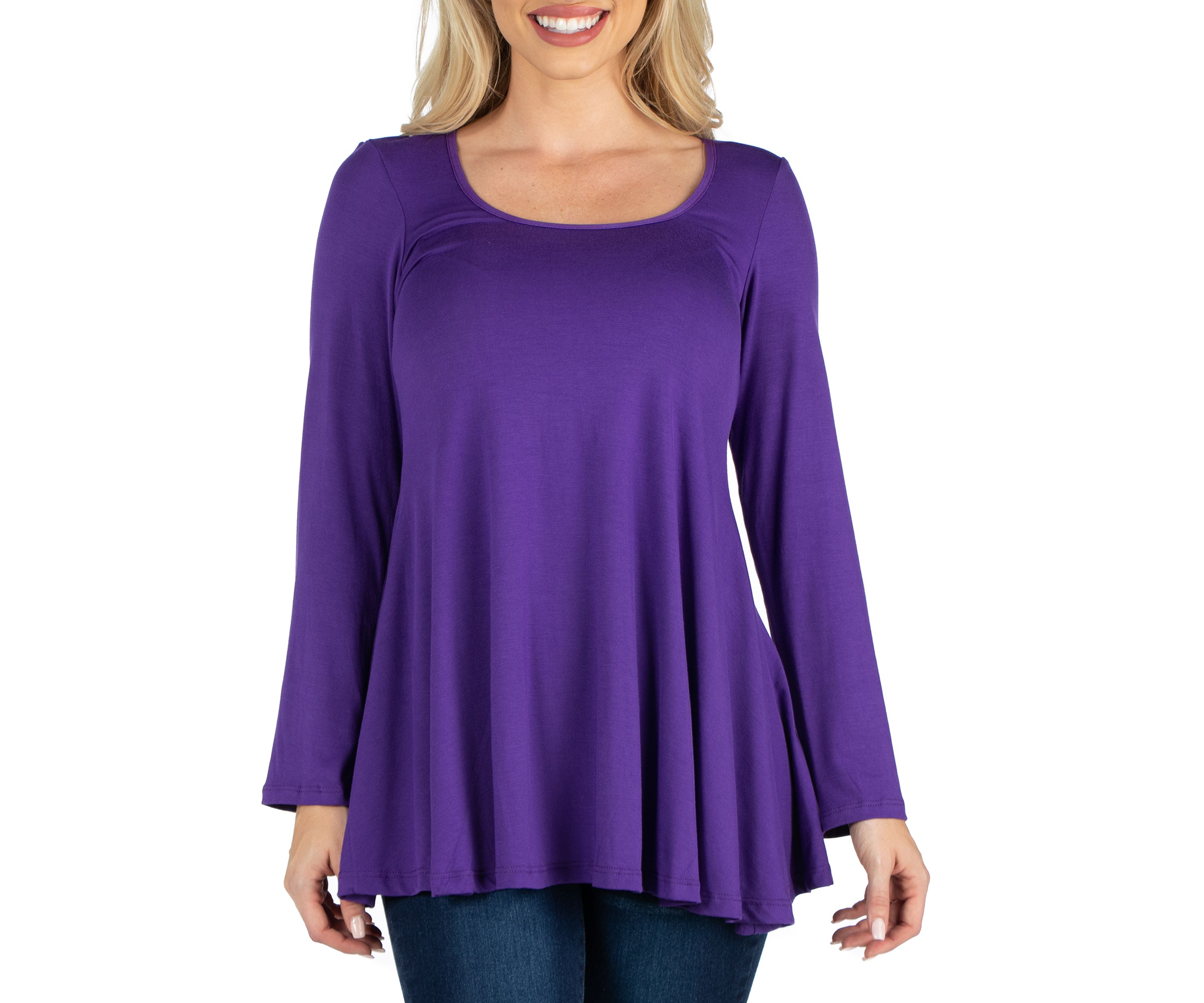 Womens Long Sleeve Solid Color Swing Style Flared Tunic Top