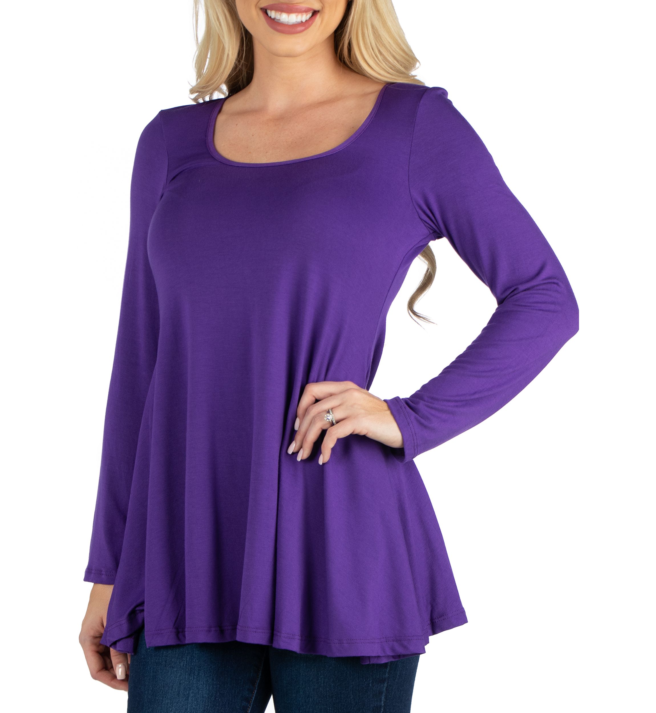 Womens Long Sleeve Solid Color Swing Style Flared Tunic Top