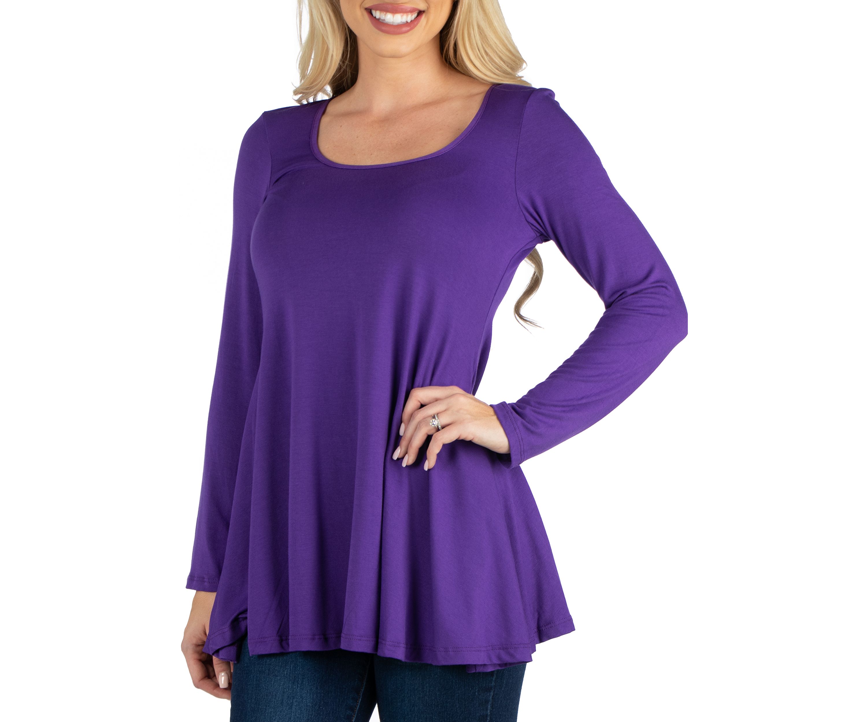 Womens Long Sleeve Solid Color Swing Style Flared Tunic Top