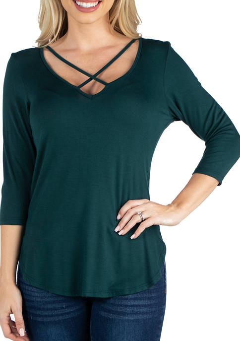 Womens V-Neck 3/4 Sleeve Strappy Tunic Top