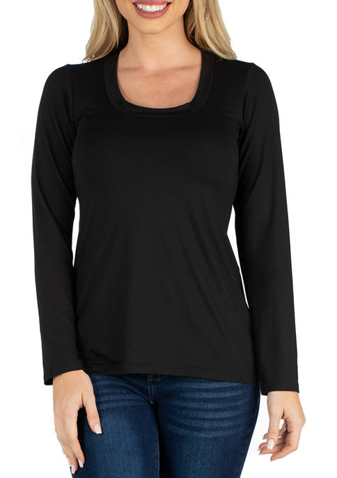 Womens Scoop Neck Long Sleeve Solid Color T-Shirt
