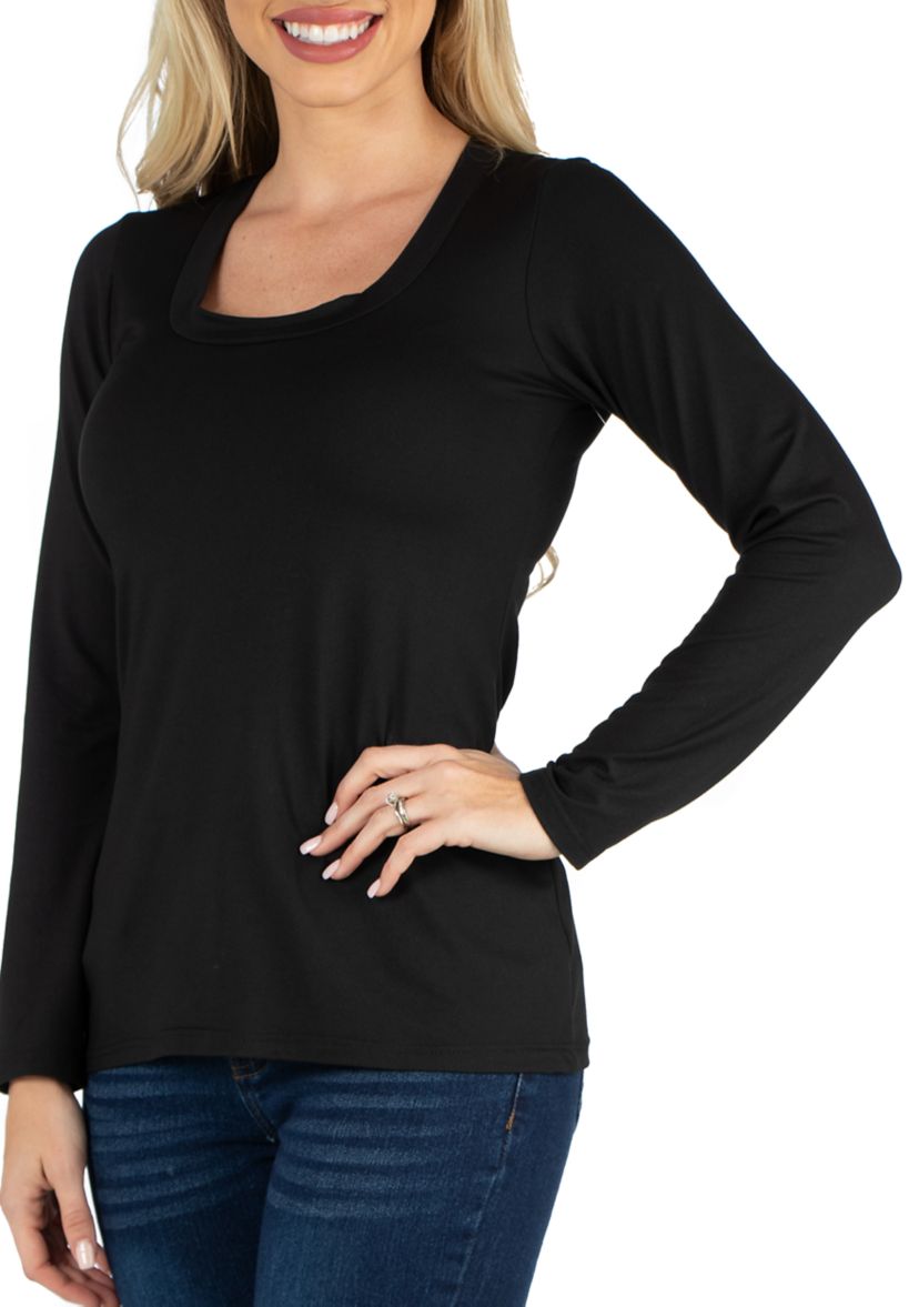 Womens Scoop Neck Long Sleeve Solid Color T-Shirt