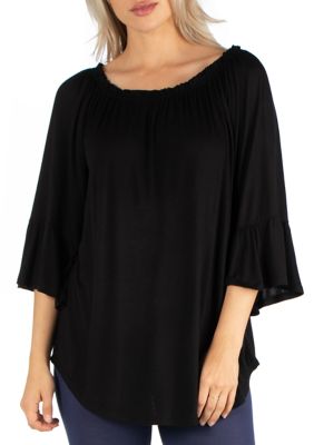 24seven Comfort Apparel Women's Pleated Peasant Top with Round Neck and Bell Sleeves
