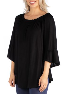 Women's Pleated Peasant Top with Round Neck and Bell Sleeves