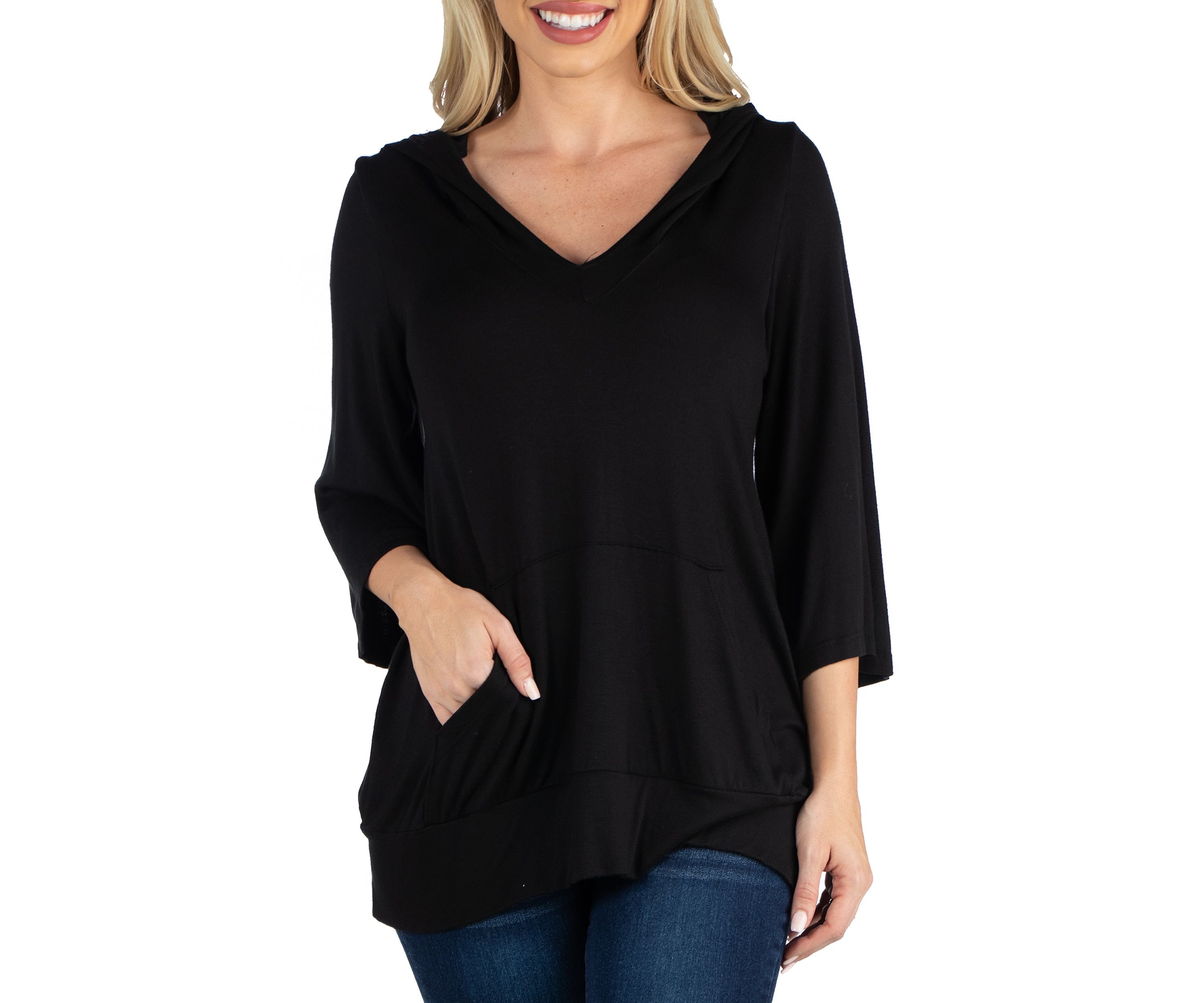 Womens Elbow Sleeve Pocket Hoodie Top