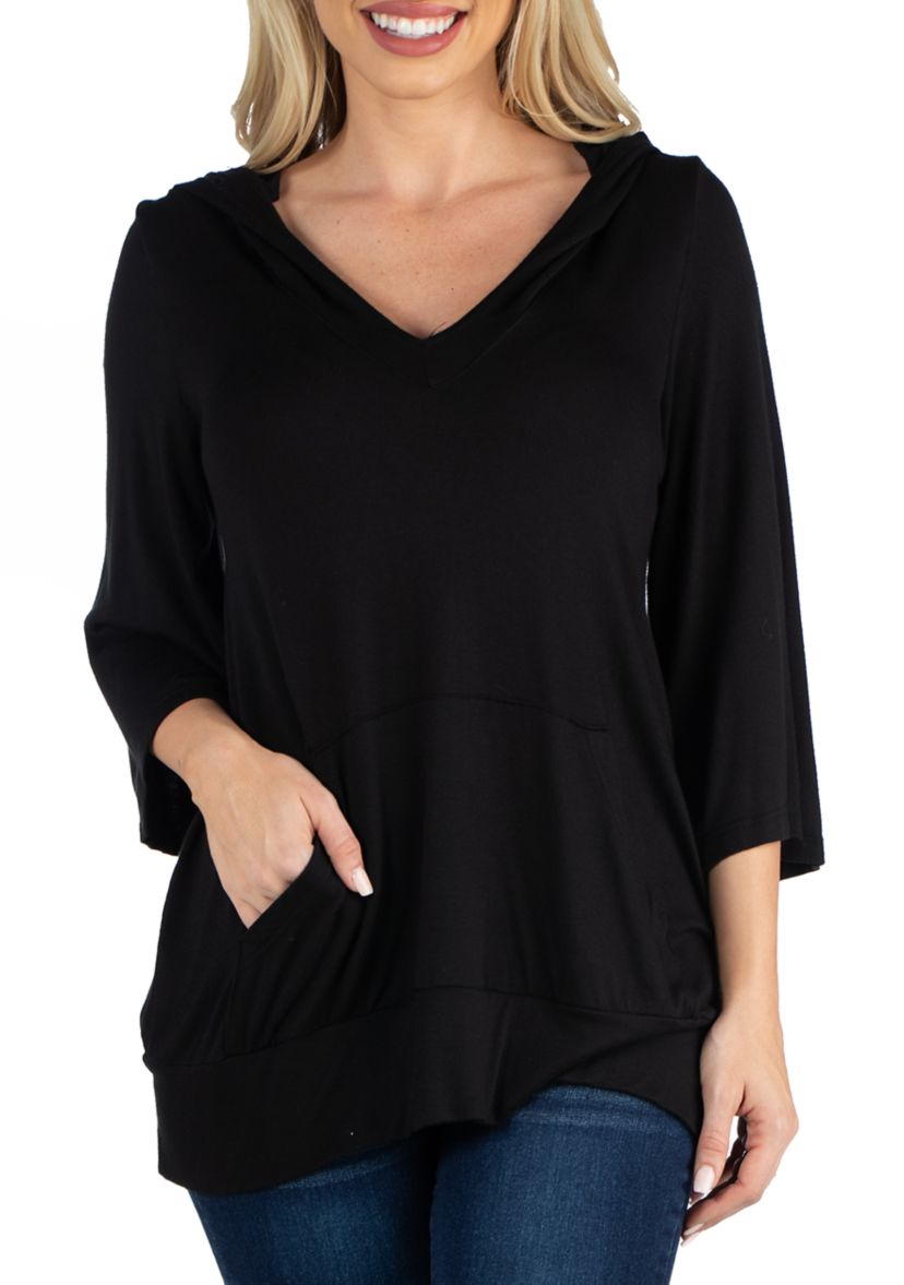 Womens Elbow Sleeve Pocket Hoodie Top