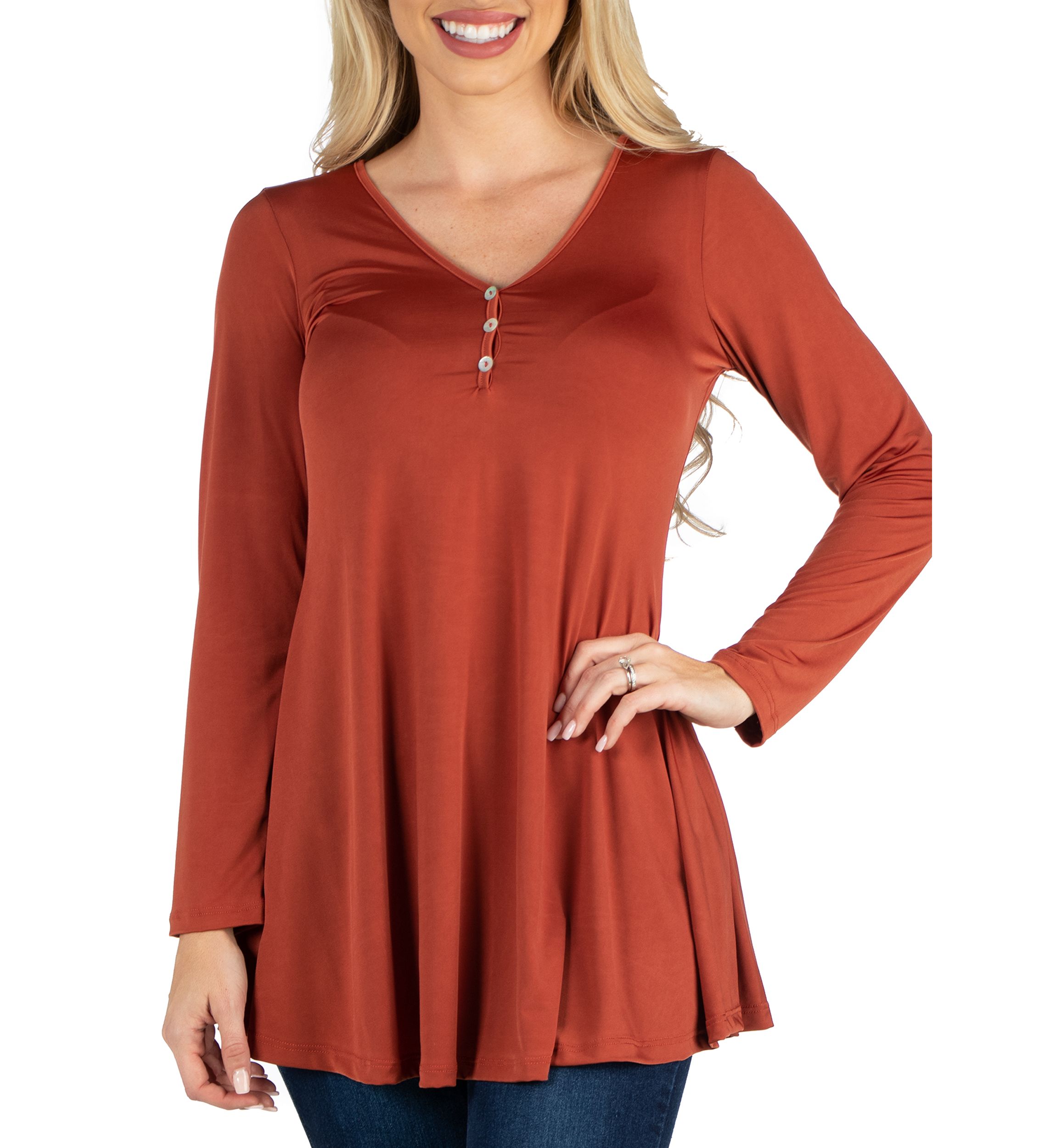 Womens Long Sleeve Button V-Neck Henley Top