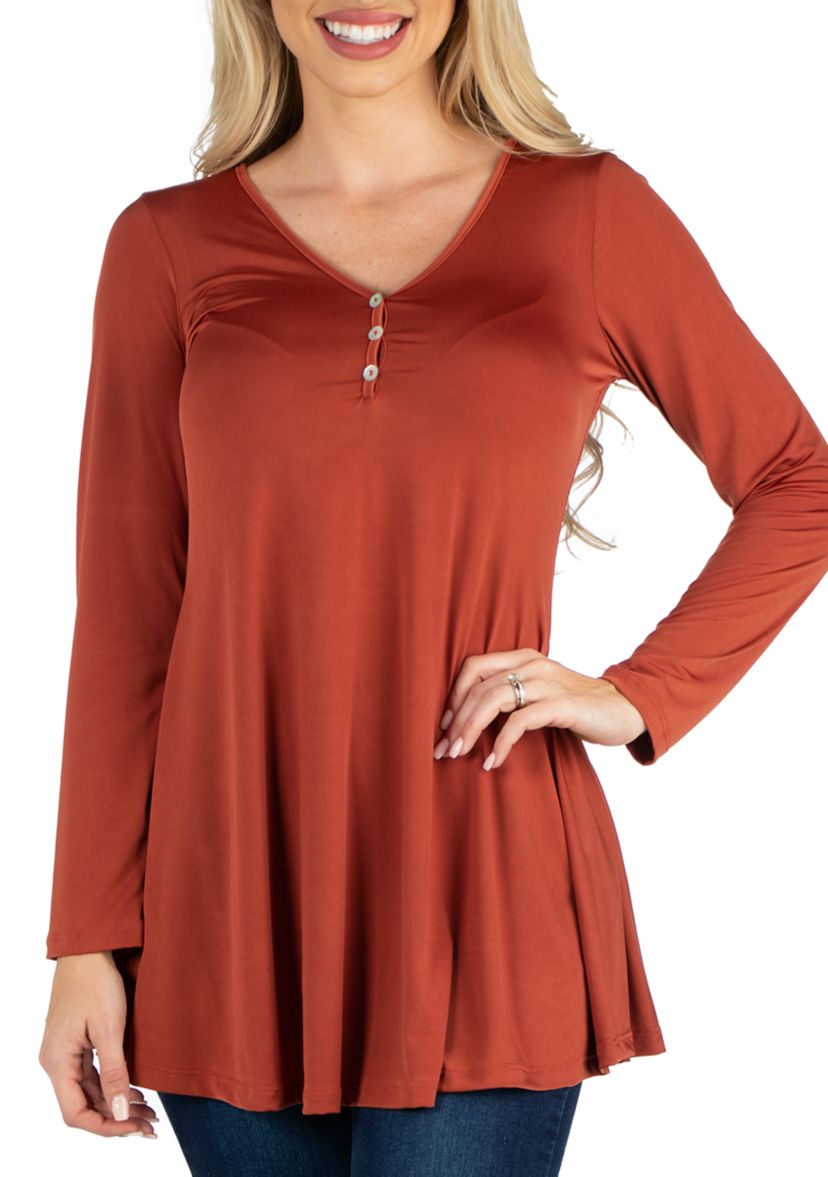 Womens Long Sleeve Button V-Neck Henley Top