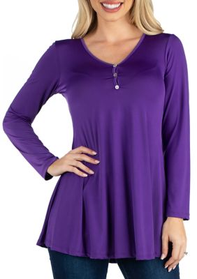 24seven Comfort Apparel Women's Long Sleeve Button V-Neck Henley Top | belk