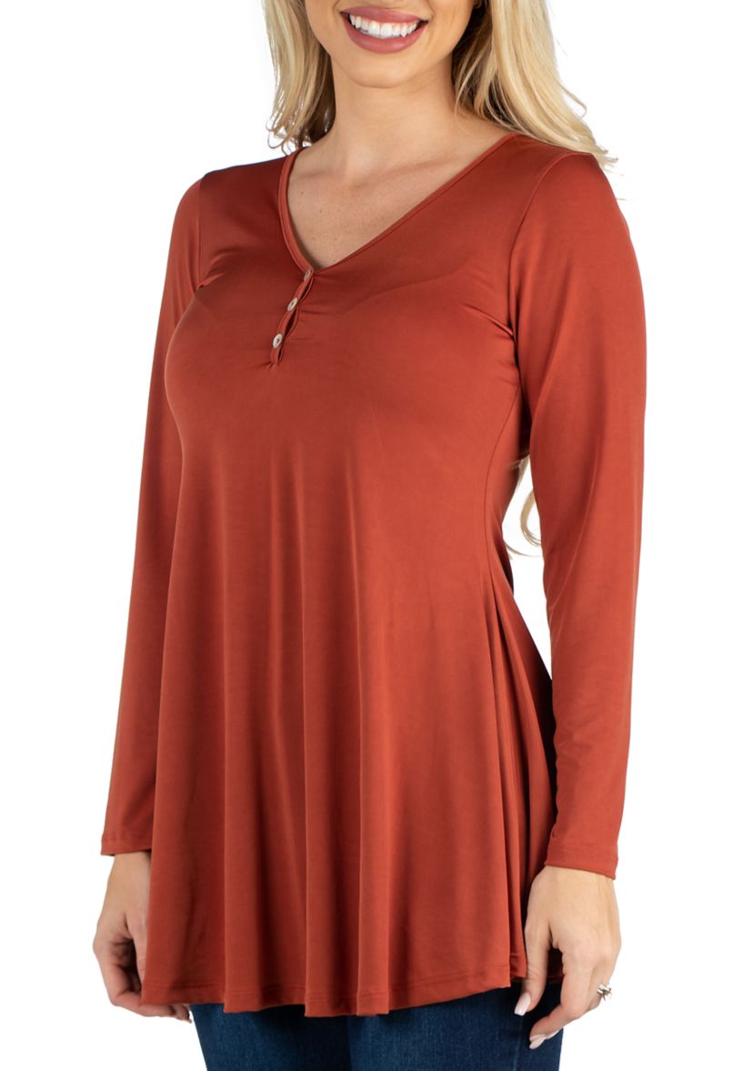 Womens Long Sleeve Button V-Neck Henley Top