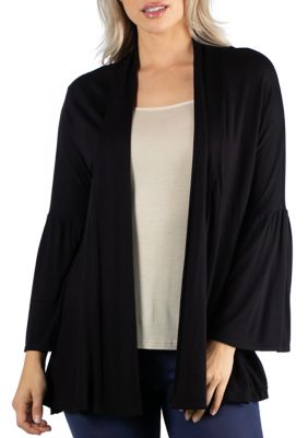 24seven Comfort Apparel Women's Long Bell Sleeve Open Front Cardigan, Black, Medium