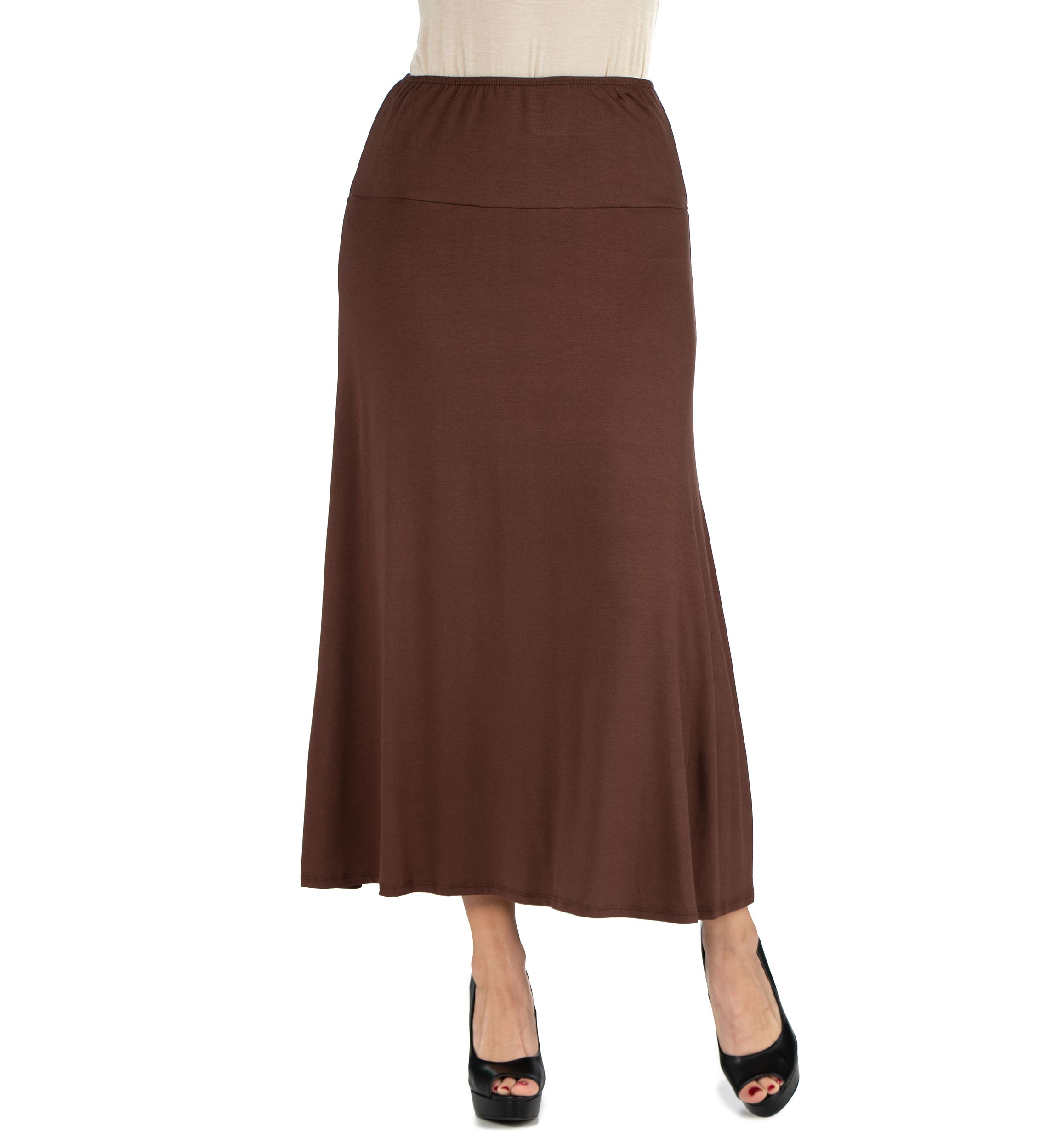 Womens Elastic Waist Solid Color Maxi Skirt