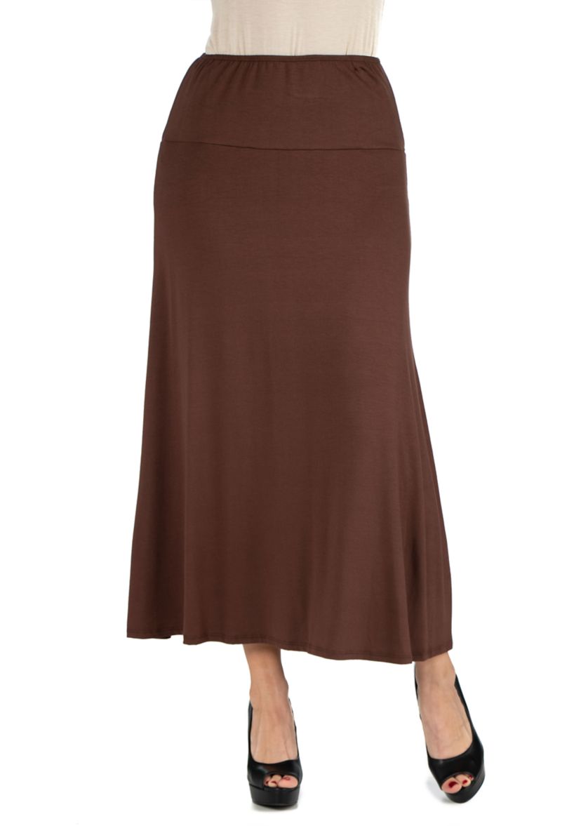 Womens Elastic Waist Solid Color Maxi Skirt