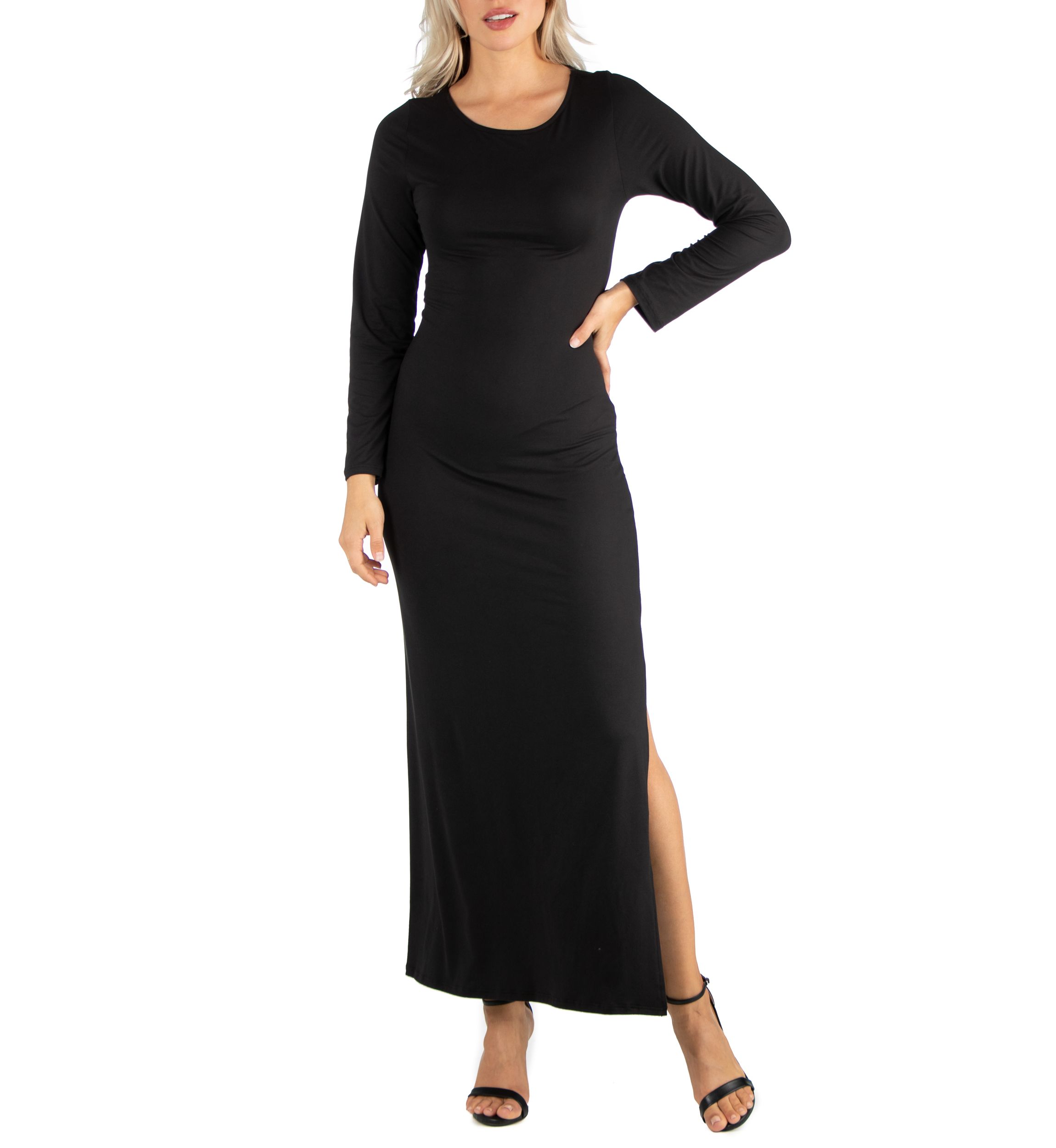 Womens Form Fitting Long Sleeve Side Slit Maxi Dress