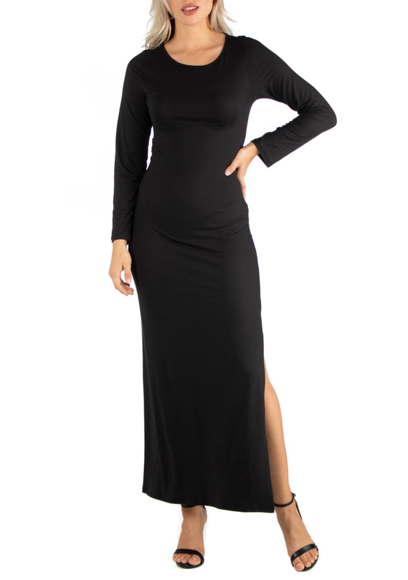 Womens Form Fitting Long Sleeve Side Slit Maxi Dress