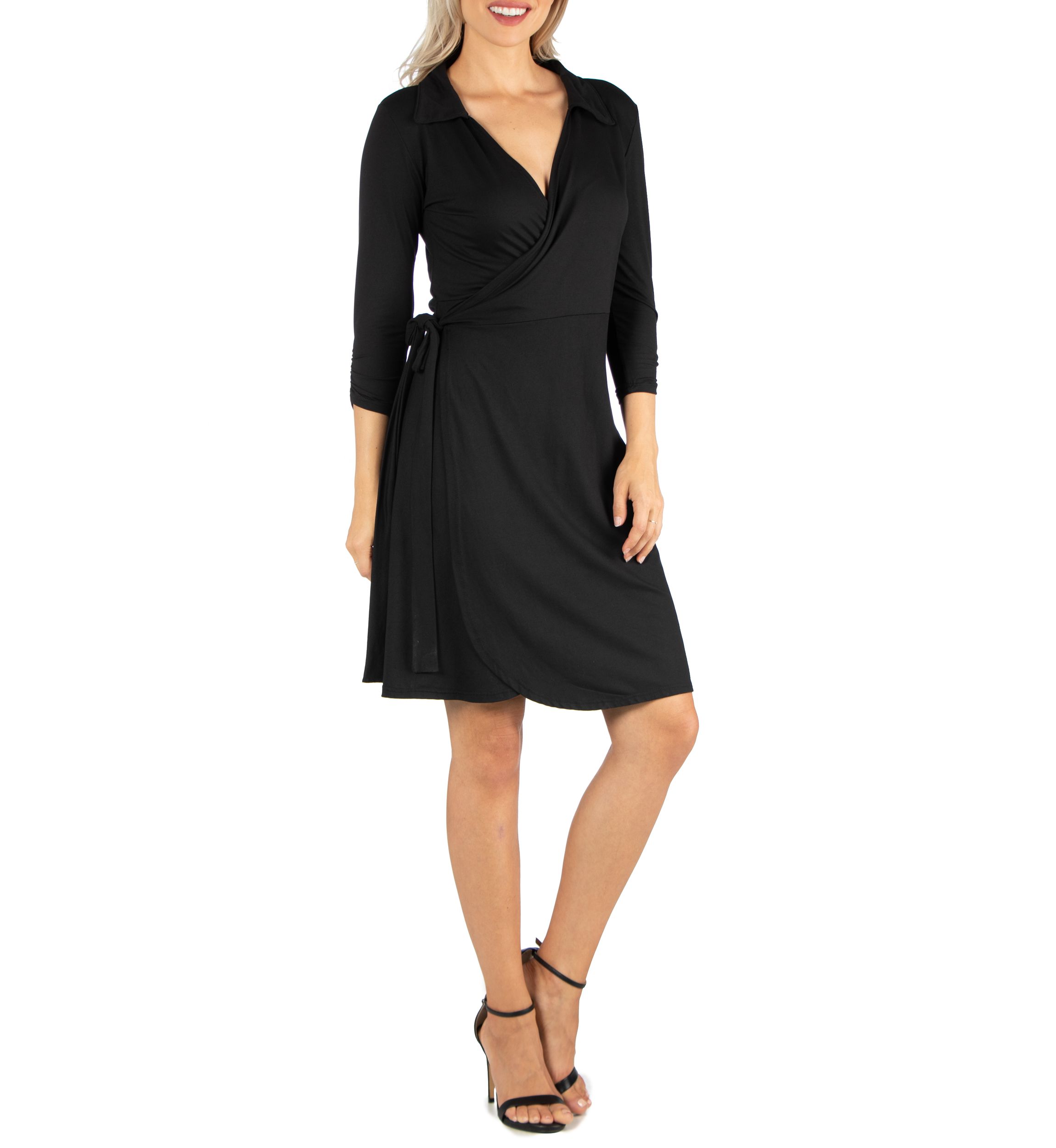 Womens Knee Length Collared Wrap Dress