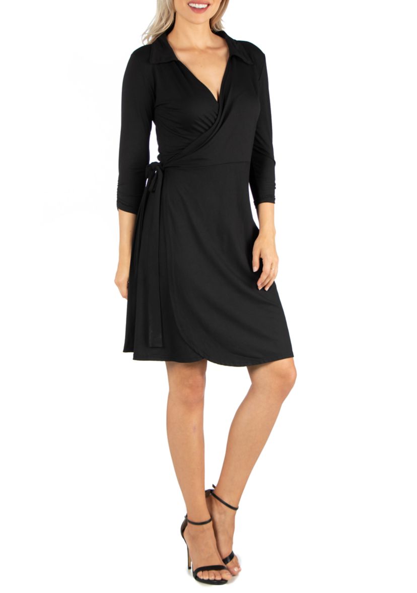 Womens Knee Length Collared Wrap Dress