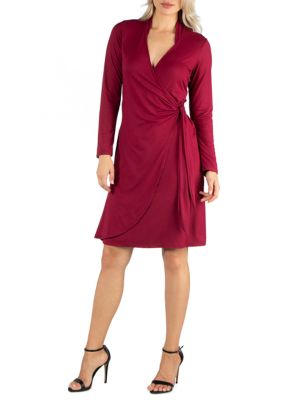 24seven Comfort Apparel Plus Size Chic V Neck Long Sleeve Belted Dress