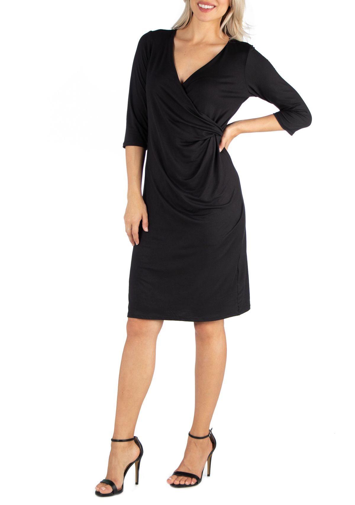 Womens 3/4 Sleeve Knee Length Wrap Dress