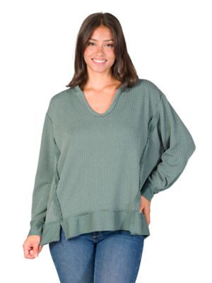 24seven Comfort Apparel Women's Essential Petite V-Neck Long Sleeve Ribbed Knit Top