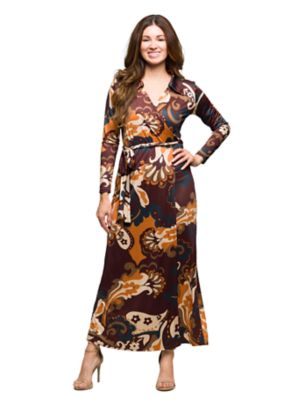 24seven Comfort Apparel Women's Elevate Petite Floral Long Sleeves Wrap Maxi Dress