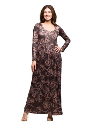24seven Comfort Apparel Women's Essential Petite Floral Long Sleeve Square Neck Pleated Maxi Dress