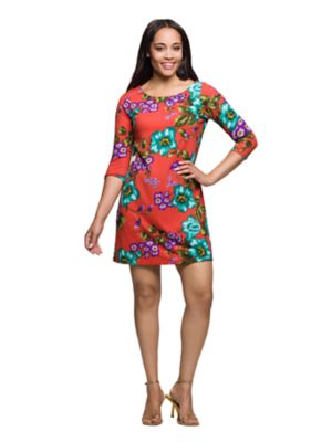 24seven Comfort Apparel Women's Essential Petite Floral Three-Quarter Sleeve Boat Neck A-Line Dress