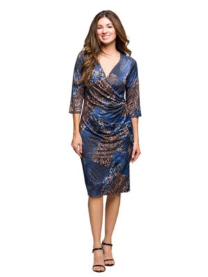 24seven Comfort Apparel Women's Essential Petite Three-Quarter Sleeves and Midi Length Wrap Dress