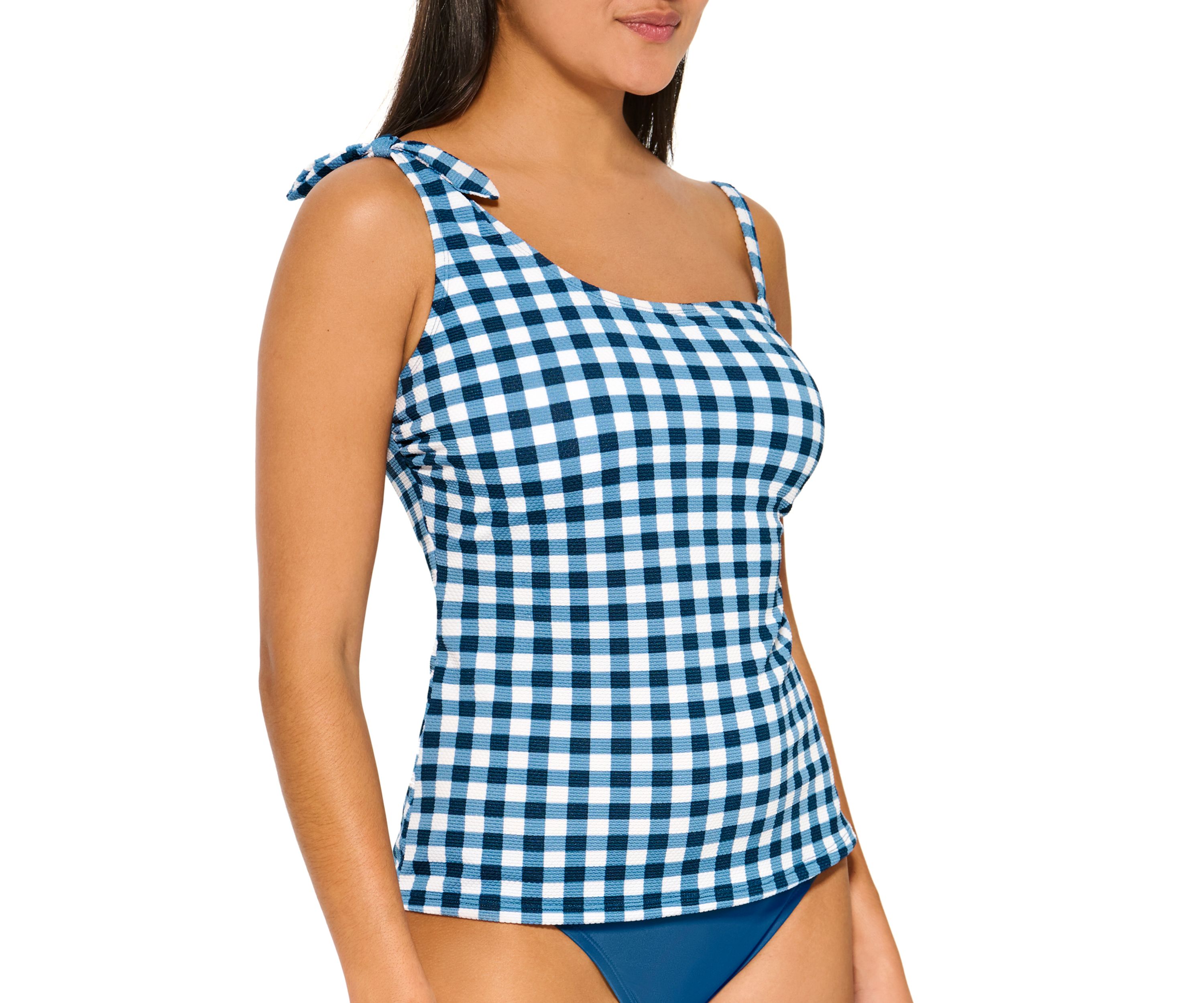 Gidget Gingham Knot One Shoulder Tankini Swim Top