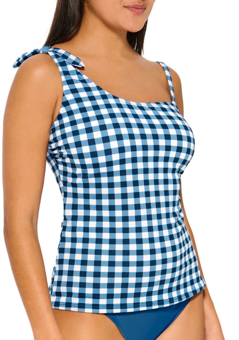 Gidget Gingham Knot One Shoulder Tankini Swim Top