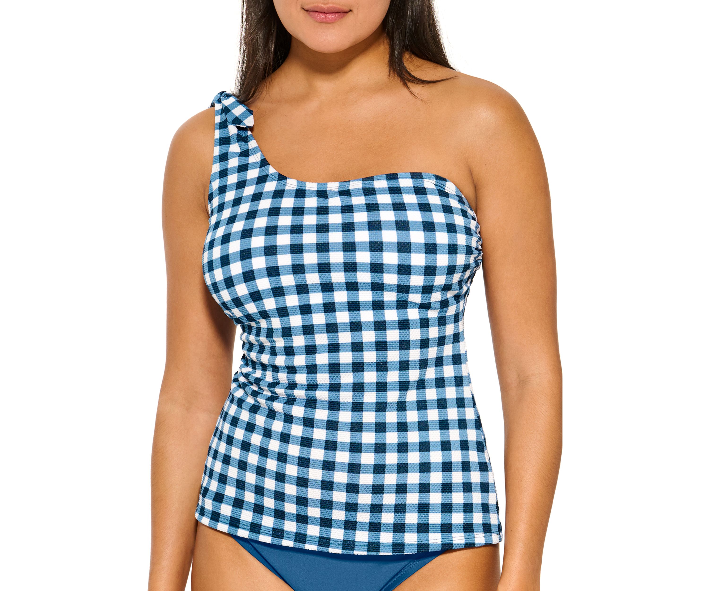 Gidget Gingham Knot One Shoulder Tankini Swim Top