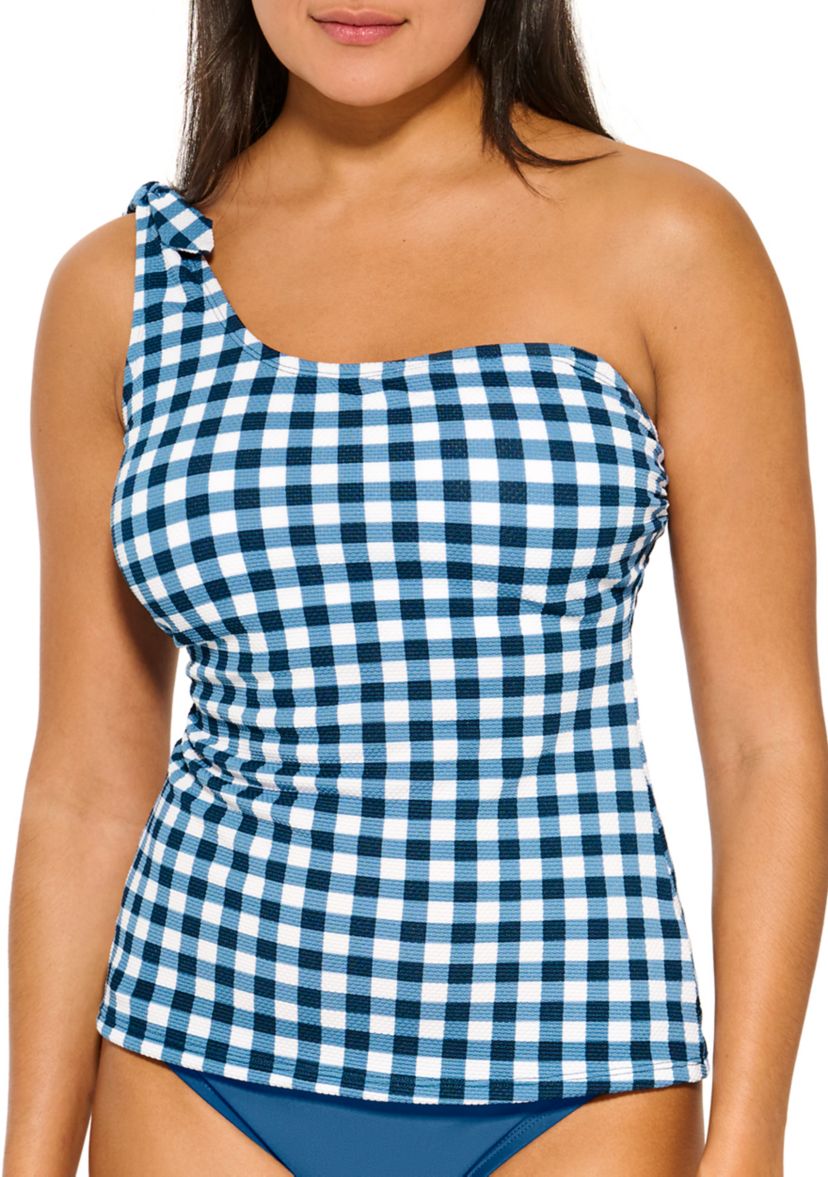 Gidget Gingham Knot One Shoulder Tankini Swim Top
