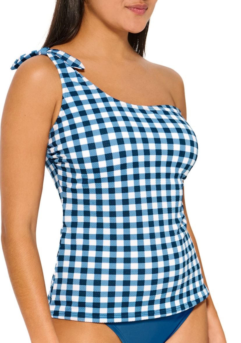Gidget Gingham Knot One Shoulder Tankini Swim Top