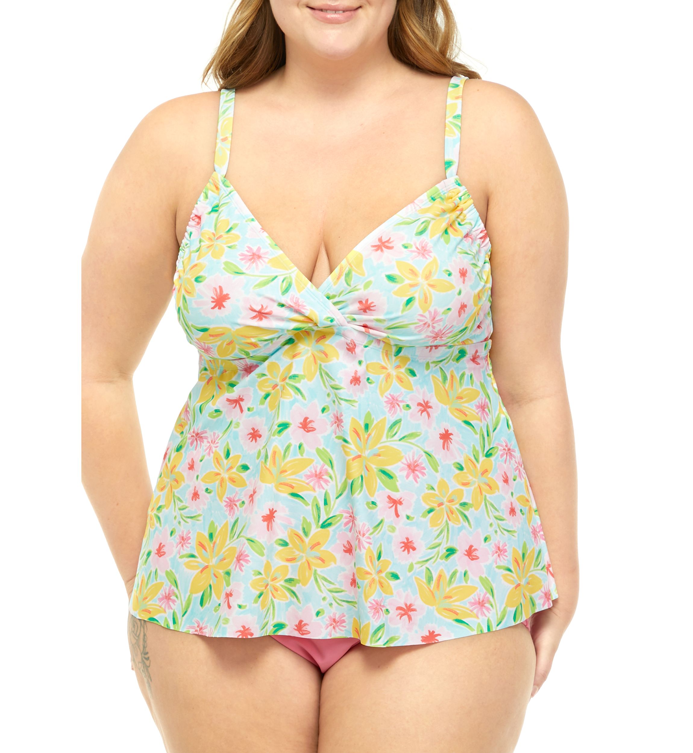 Plus Size Painted Petals Flyaway Tankini Swim Top 