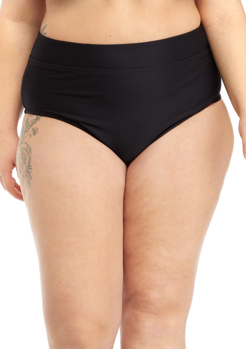 Plus Size Solid Rib High Waist Swim Bottoms