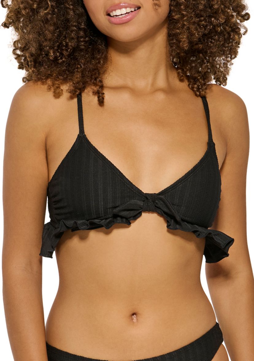 Womens Textured Stripe Ruffle Tie Front Swim Top