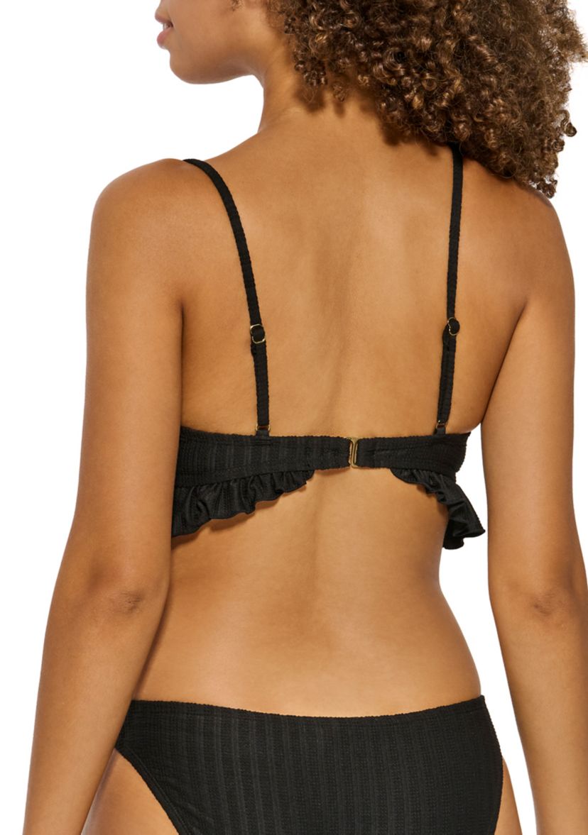 Womens Textured Stripe Ruffle Tie Front Swim Top