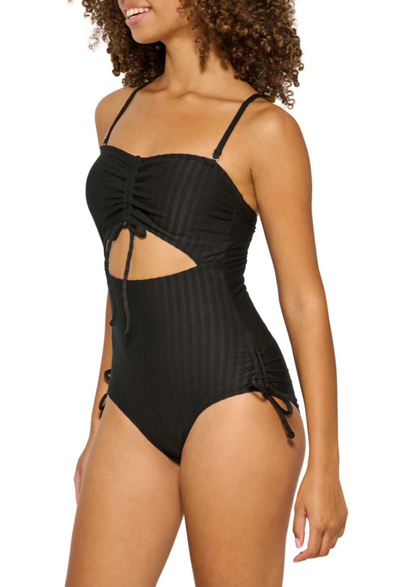 Womens Textured Stripe Cut Out One Piece Swimsuit