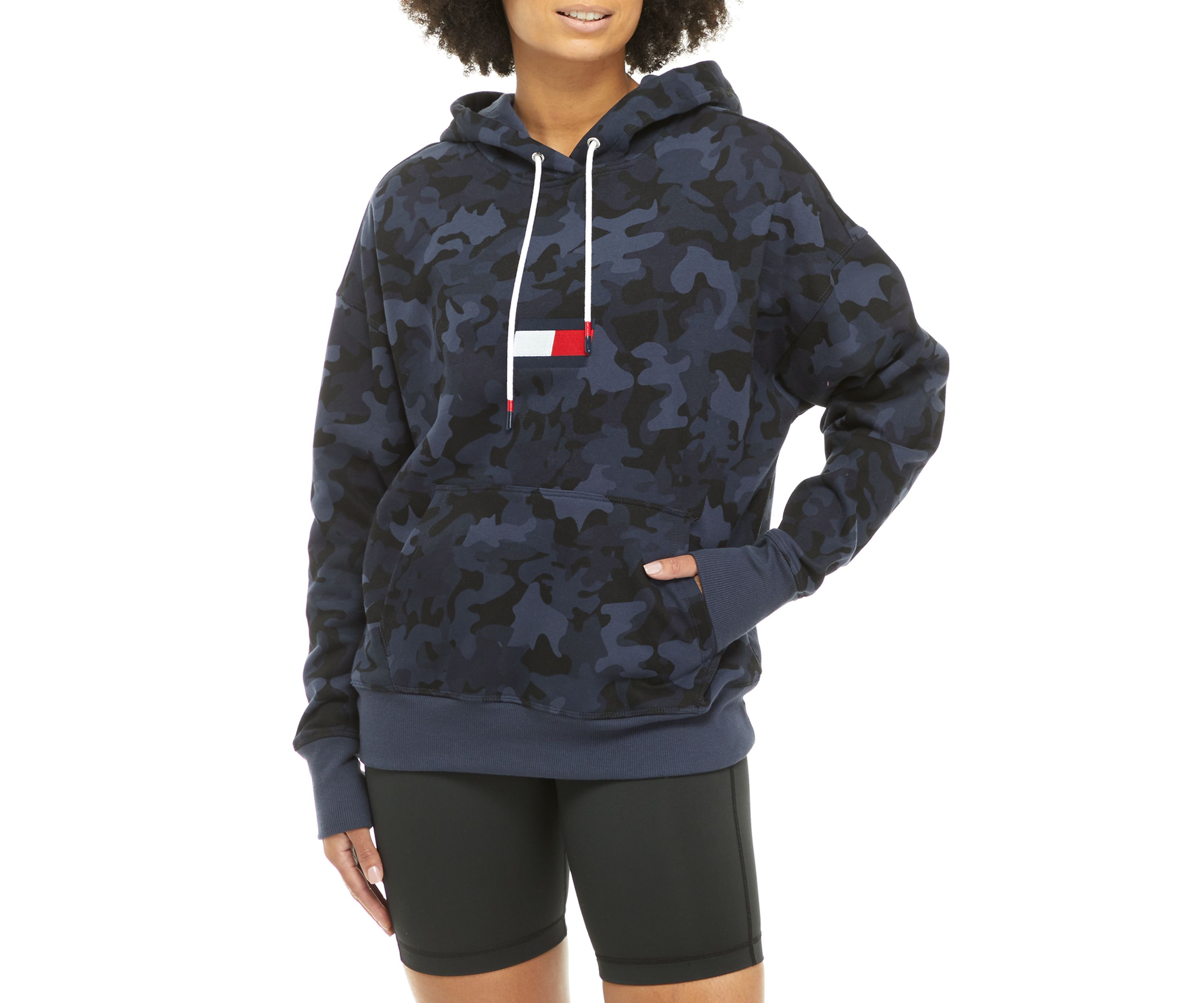 Womens Camo Print Athleisure Hoodie with Embroidered Flag Logo