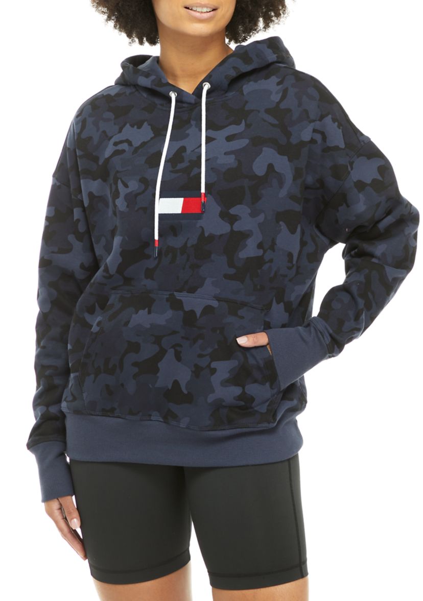 Womens Camo Print Athleisure Hoodie with Embroidered Flag Logo