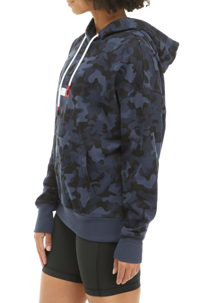 Womens Camo Print Athleisure Hoodie with Embroidered Flag Logo