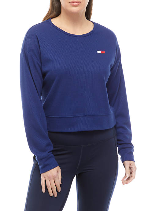 Womens Long Sleeve Crew Neck Waffle Pullover Top