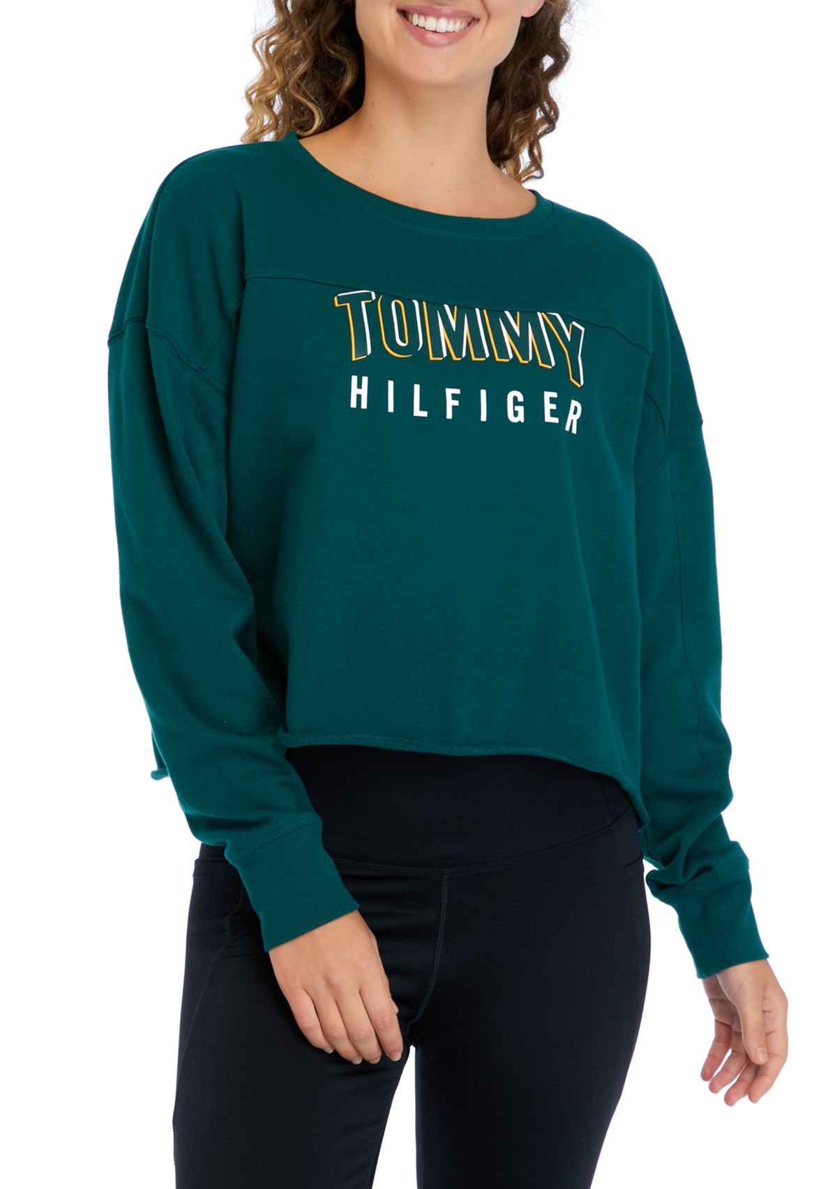 Womens Raw Hem Crew Neck Logo Sweatshirt