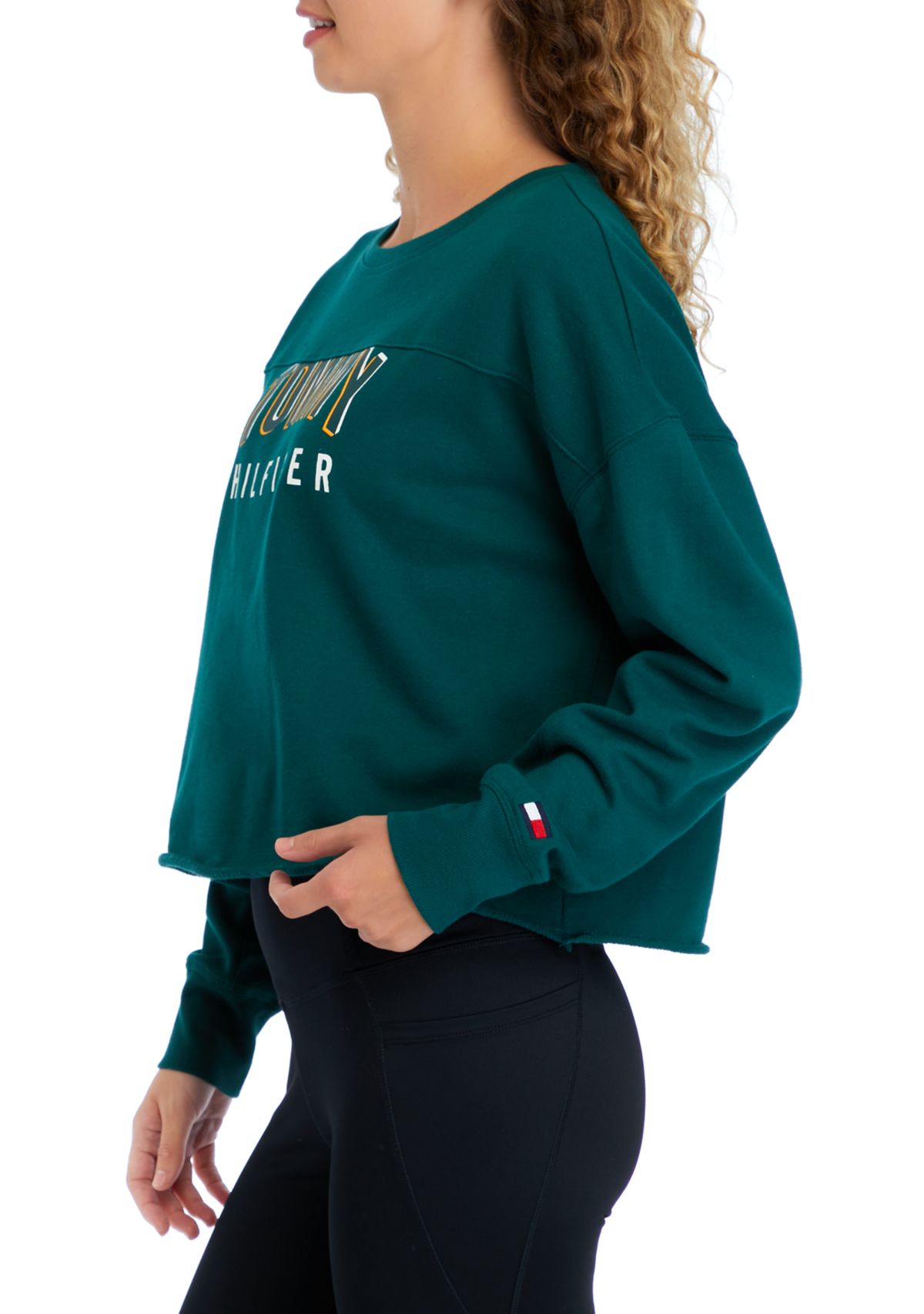 Womens Raw Hem Crew Neck Logo Sweatshirt