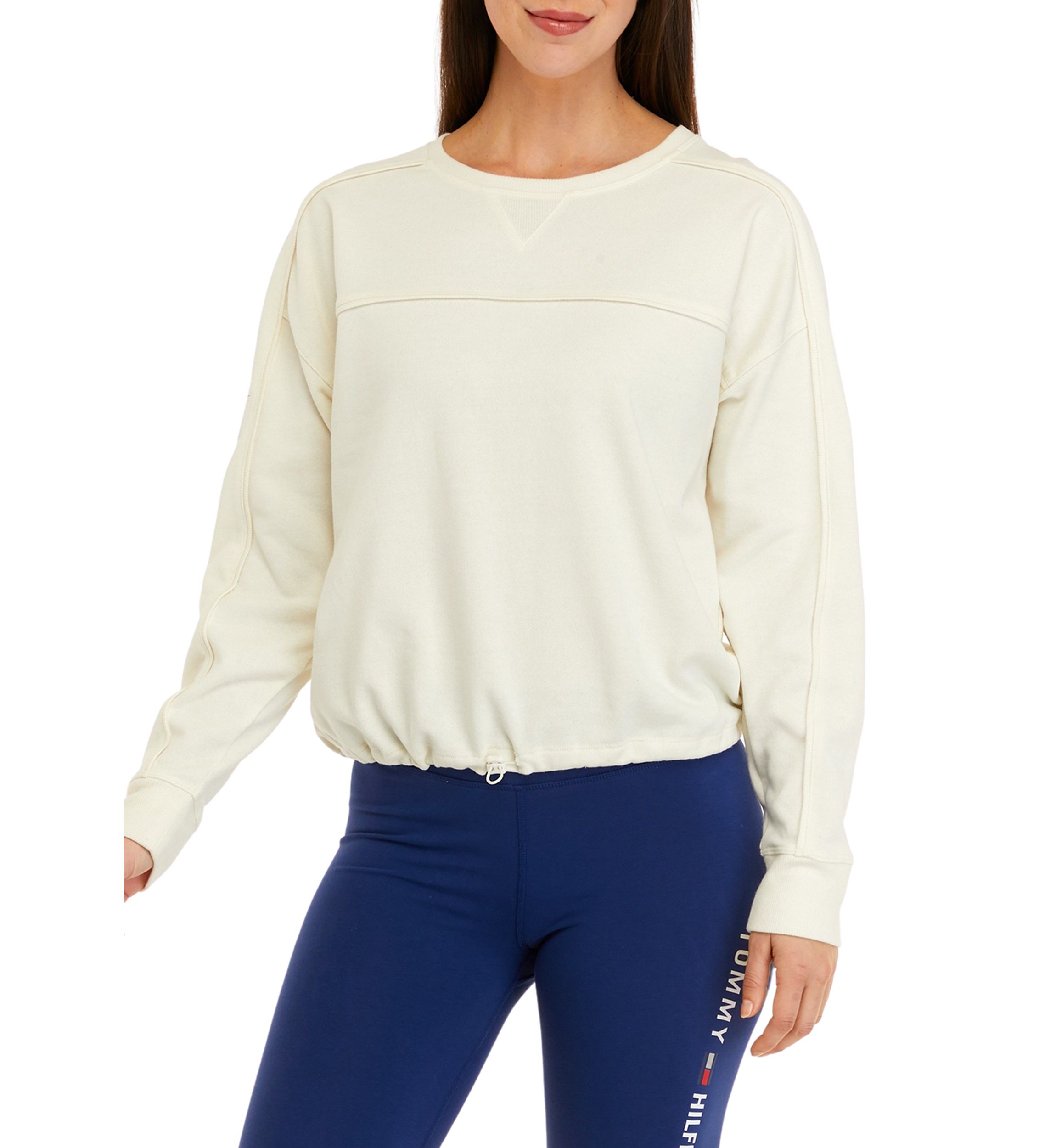 Crew Neck Top with Elastic Bungee Hem and Ribbed Cuffs 