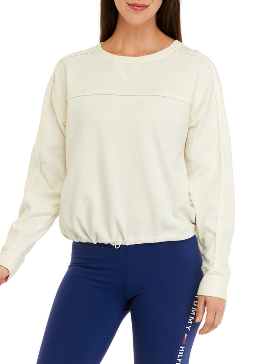 Crew Neck Top with Elastic Bungee Hem and Ribbed Cuffs 