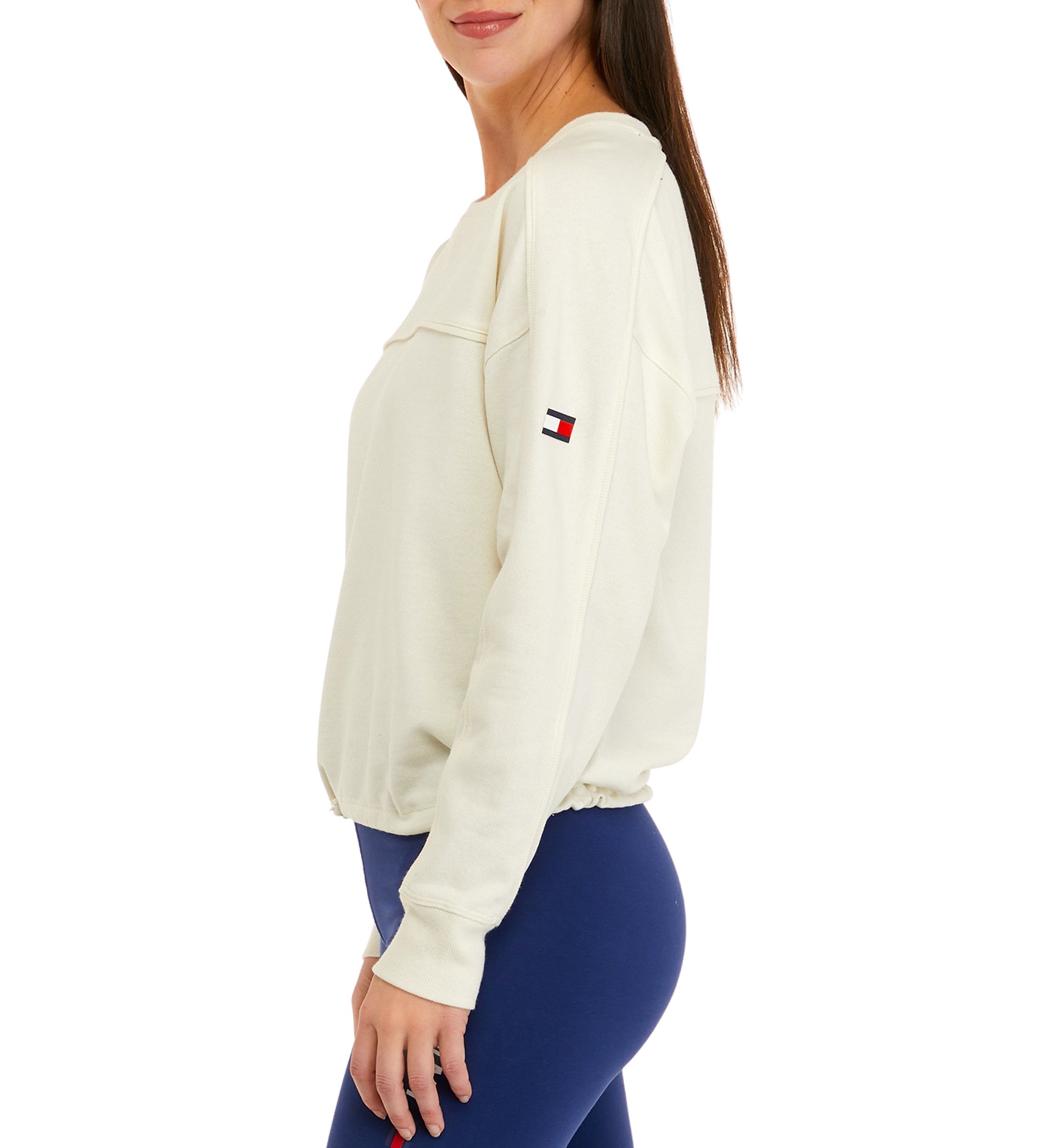 Crew Neck Top with Elastic Bungee Hem and Ribbed Cuffs 