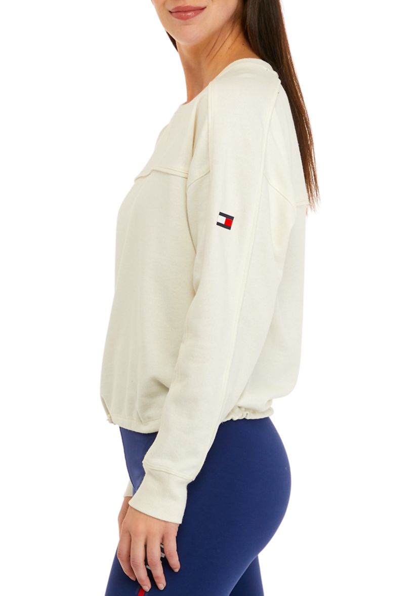 Crew Neck Top with Elastic Bungee Hem and Ribbed Cuffs 