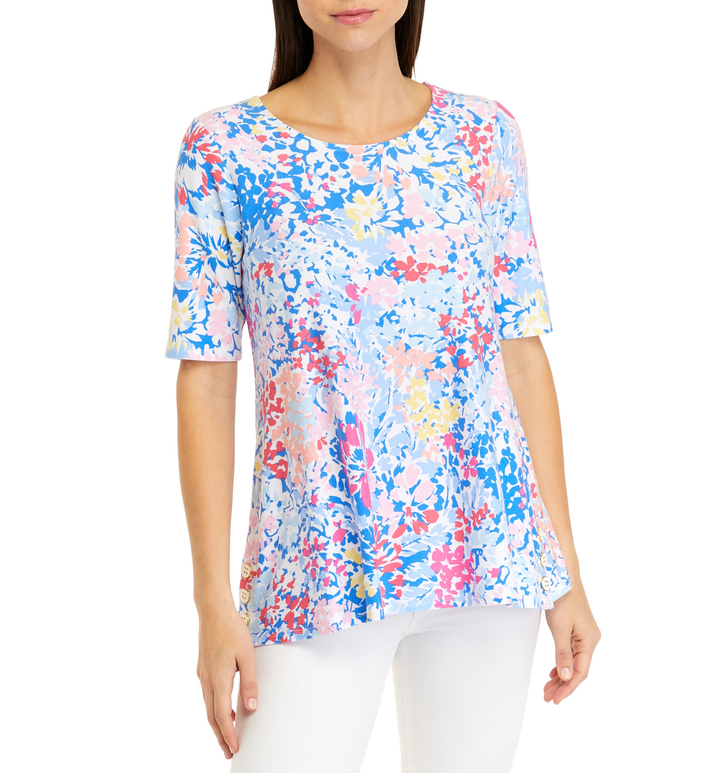 Womens Elbow Sleeve Side Button Tunic Top